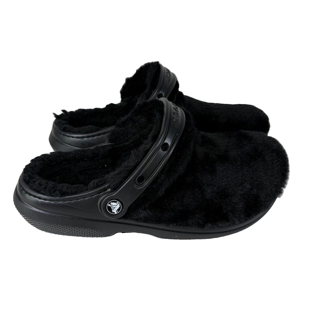 Crocs Classic Fur Sure Clog Black Fuzzy Faux Fur Size Mens 8 Women’s 10